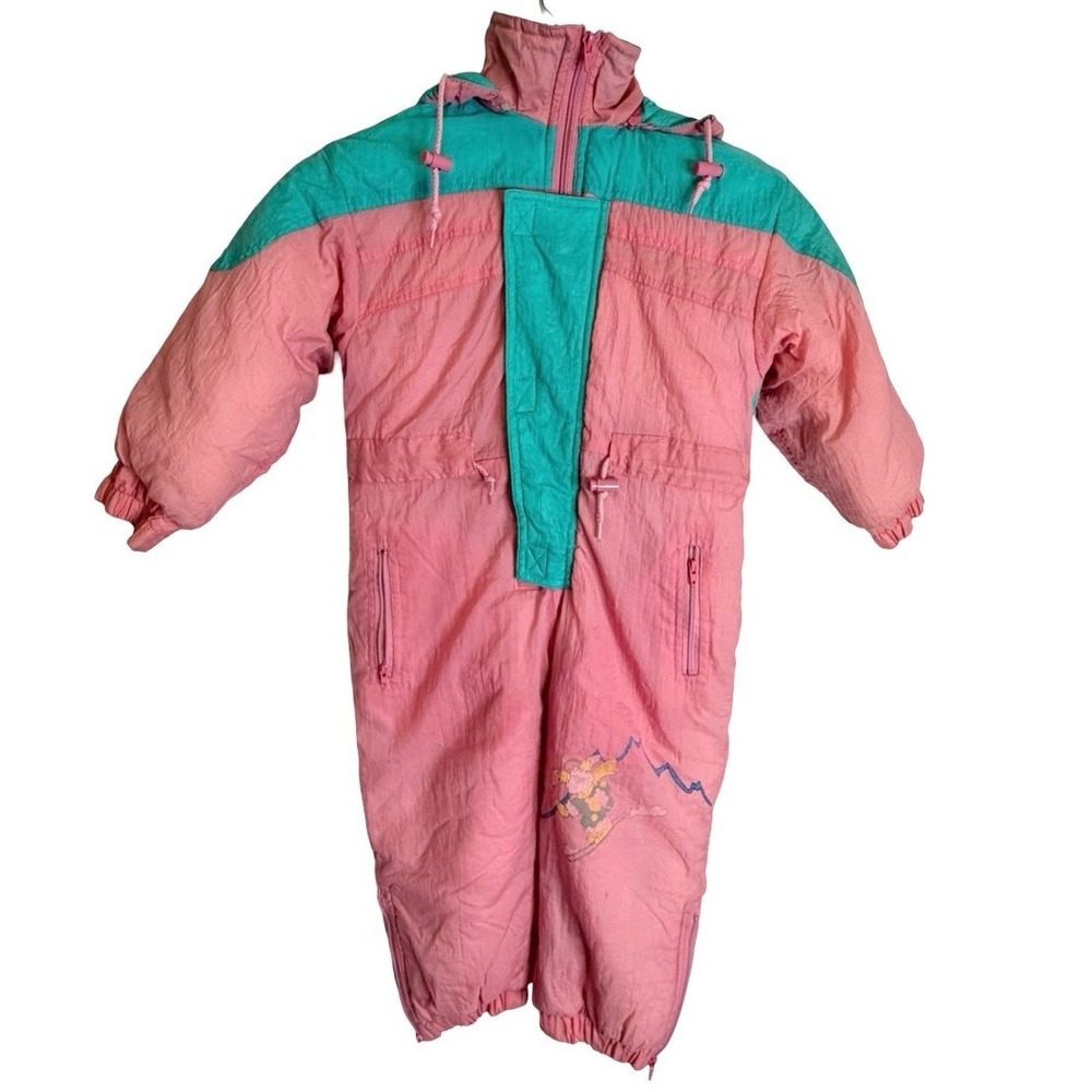 Vintage 90's Colorblock Toddler Hooded Snowsuit Ski Winter Pastel Pink Teal 4T